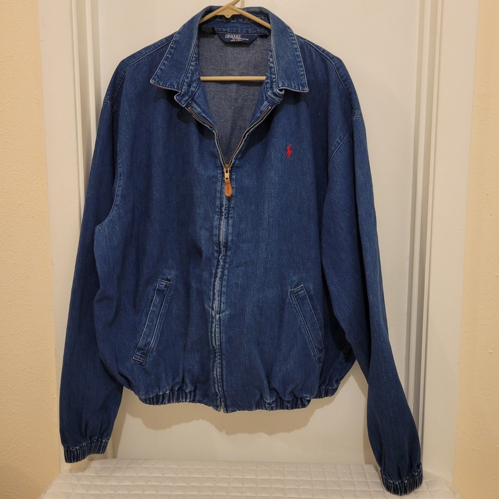 VTG Polo Ralph Lauren Men's XL Blue Denim Harrington Bomber Jacket Made in USA